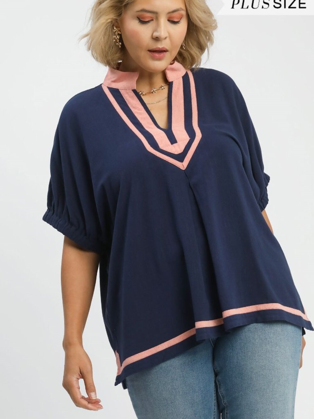 UMGEE Linen Contrast Trim V-Neck Blouse - Navy